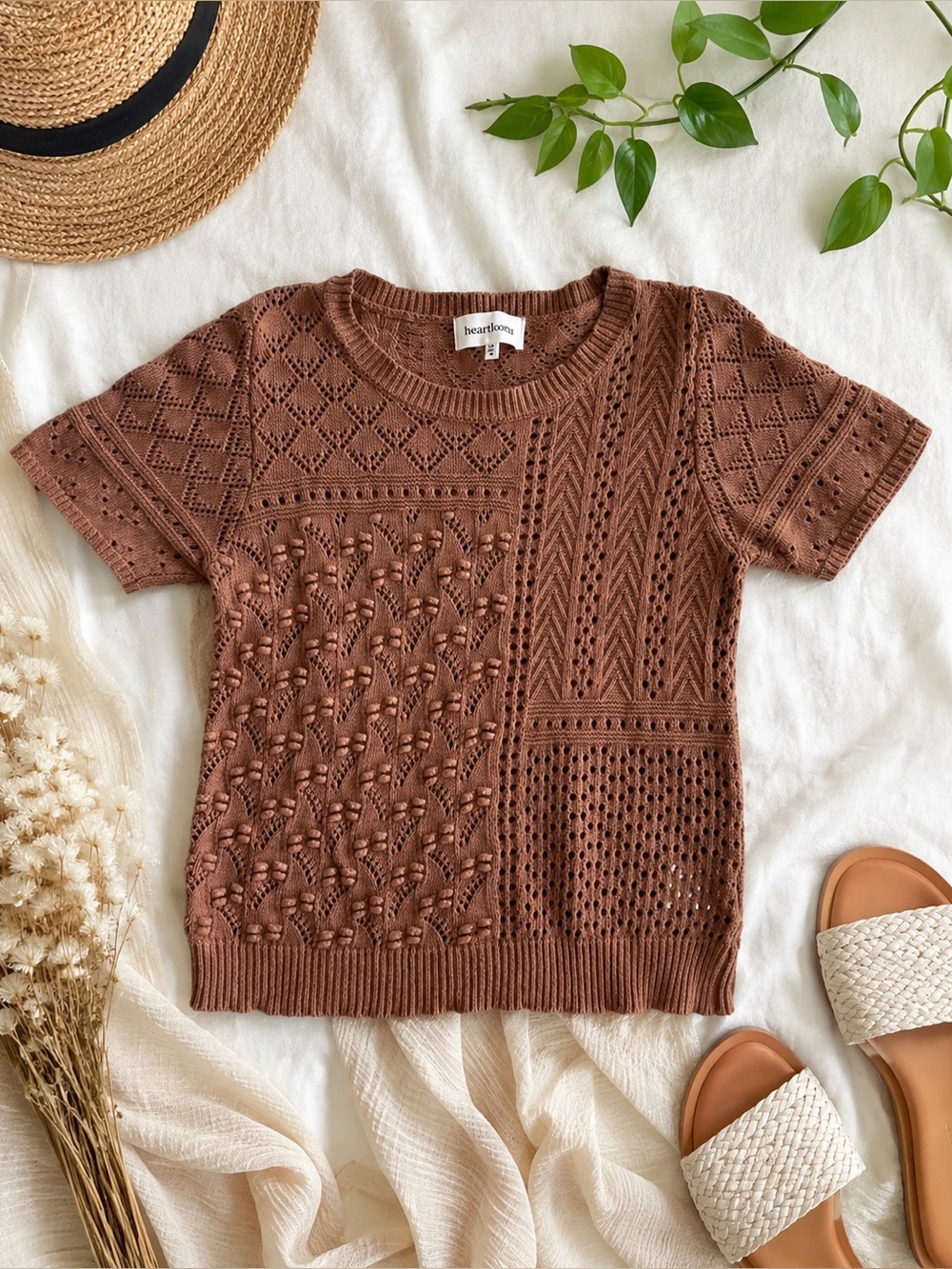 Heartloom Pointelle Knit Short Sleeve Sweater Top Terracotta Brown Size Medium